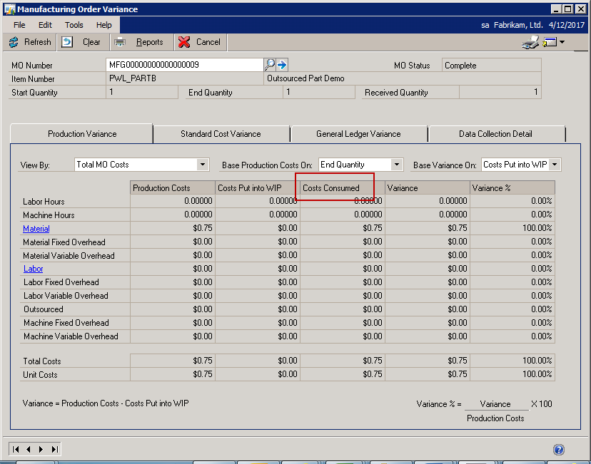 Manufacturing Order Variance