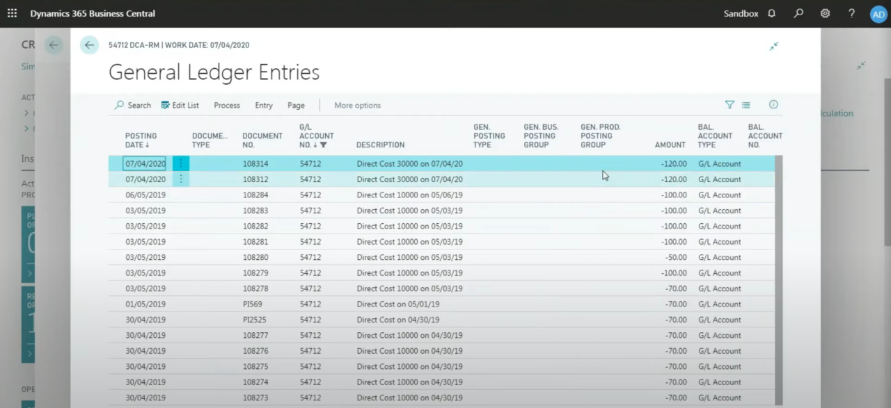 Navigating from GL variance account back to a purchase order.