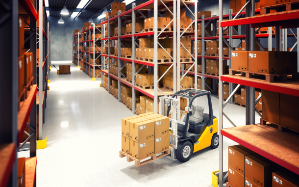 Image of a forklift moving a pallet in a warehouse