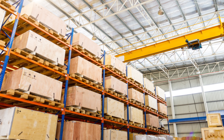 Warehouse shelves containing boxes